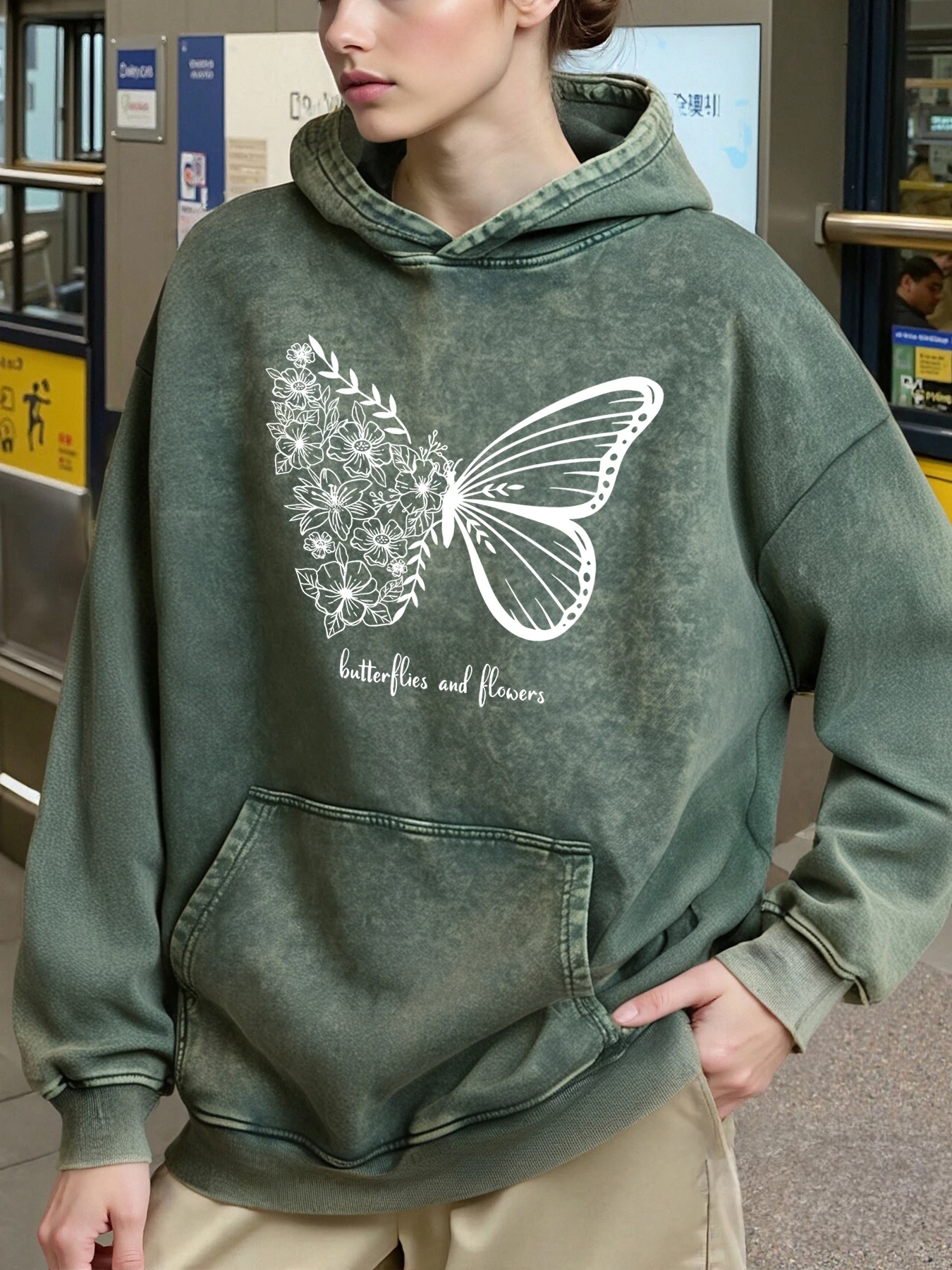 Creative Butterflies And Flowers Design Woman Washed Hoodies Cotton Autumn Winter Streetwear Loose Casual Hoodie Pocket Hoody