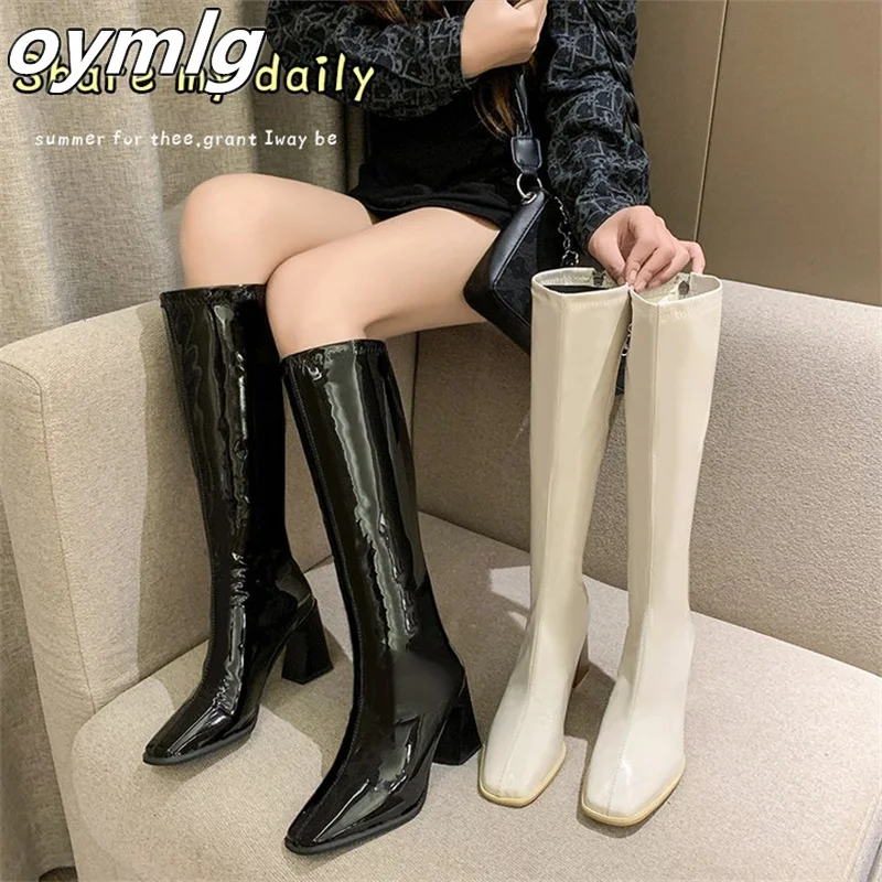 Long boots women\'s knee-high 2022new autumn and winter patent leather square-toe high boots rear zipper high-heeled knight boots