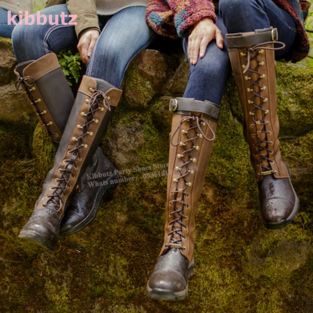 Lace-Up Knee High Boots Mountain Outdoor Shoes Genuine Leather Belt Buckle Mixed Color Back Zipper Fashion Concise Comfortable