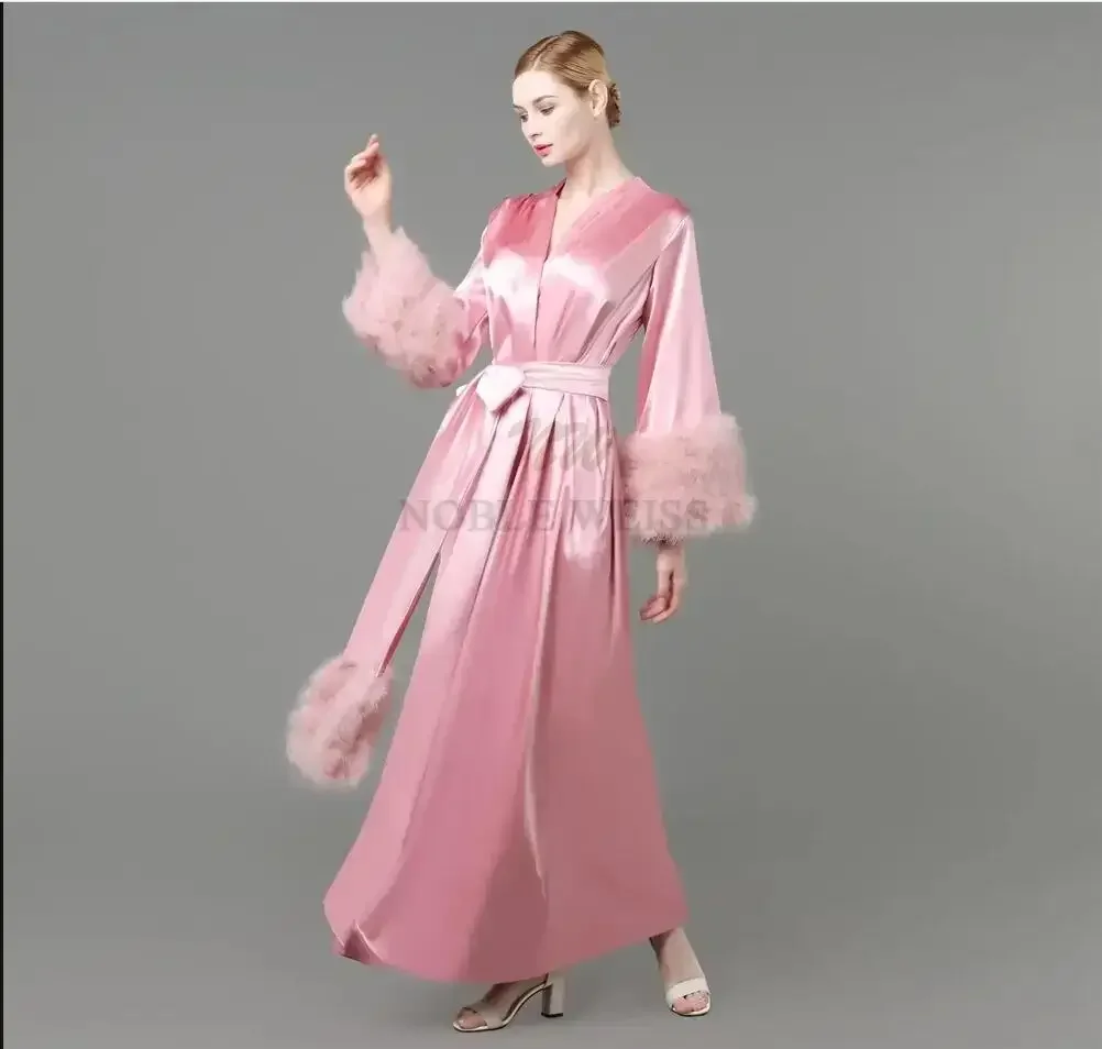 Party Robe Maternity Prom Dresses Long Sleeves Fur Evening Gowns Kimono Pregnant Party Sleepwear Women Bathrobe Sheer Nightgown