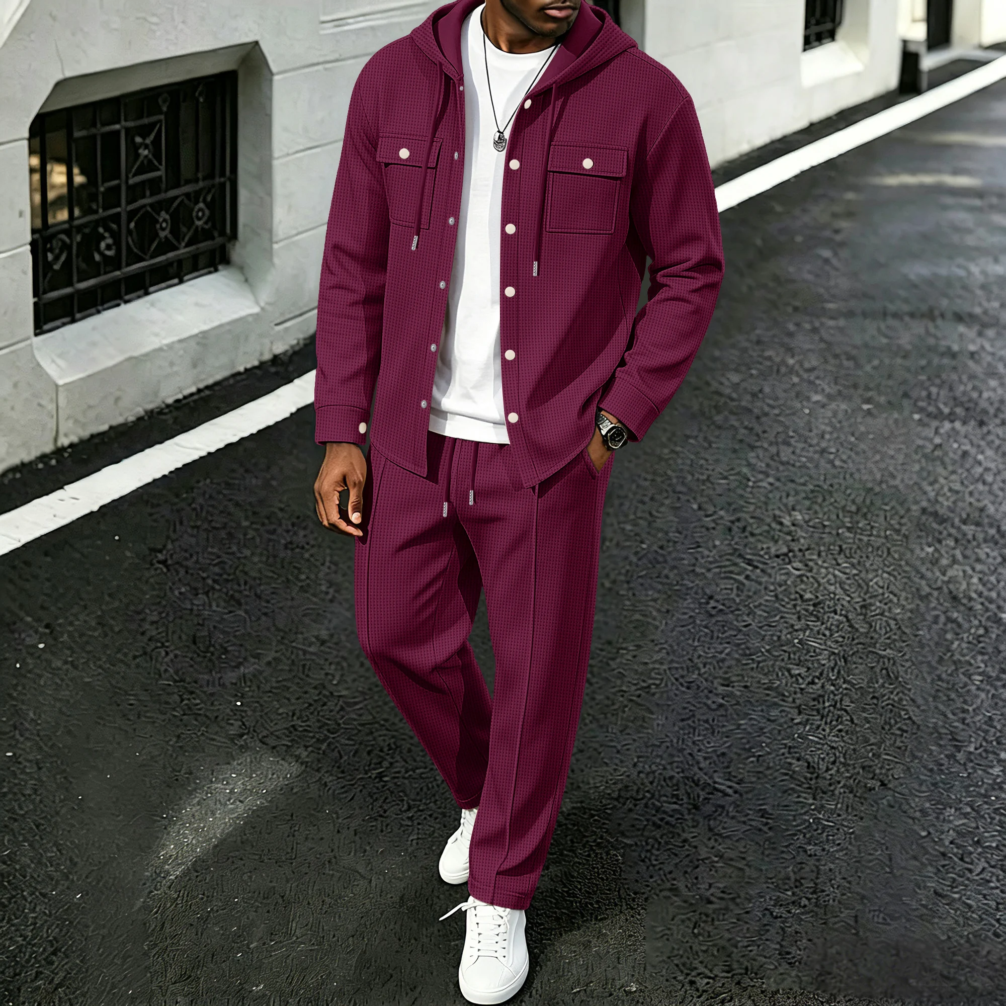 Men's spring-autumn matching set: Waffle knit hooded jacket paired with straight-leg pants, suitable for outdoor travel and casu - view 3