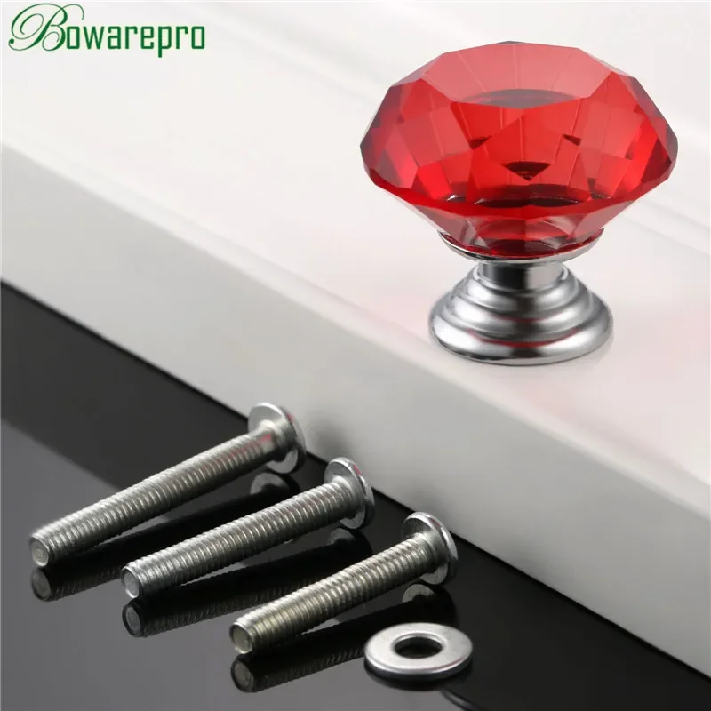 

1Pc Red Diamond Crystal Glass Knob Pull Handle Cabinet Door Handle Kitchen Handles Furniture Hardware and 3Pcs Screws 22/25/30mm