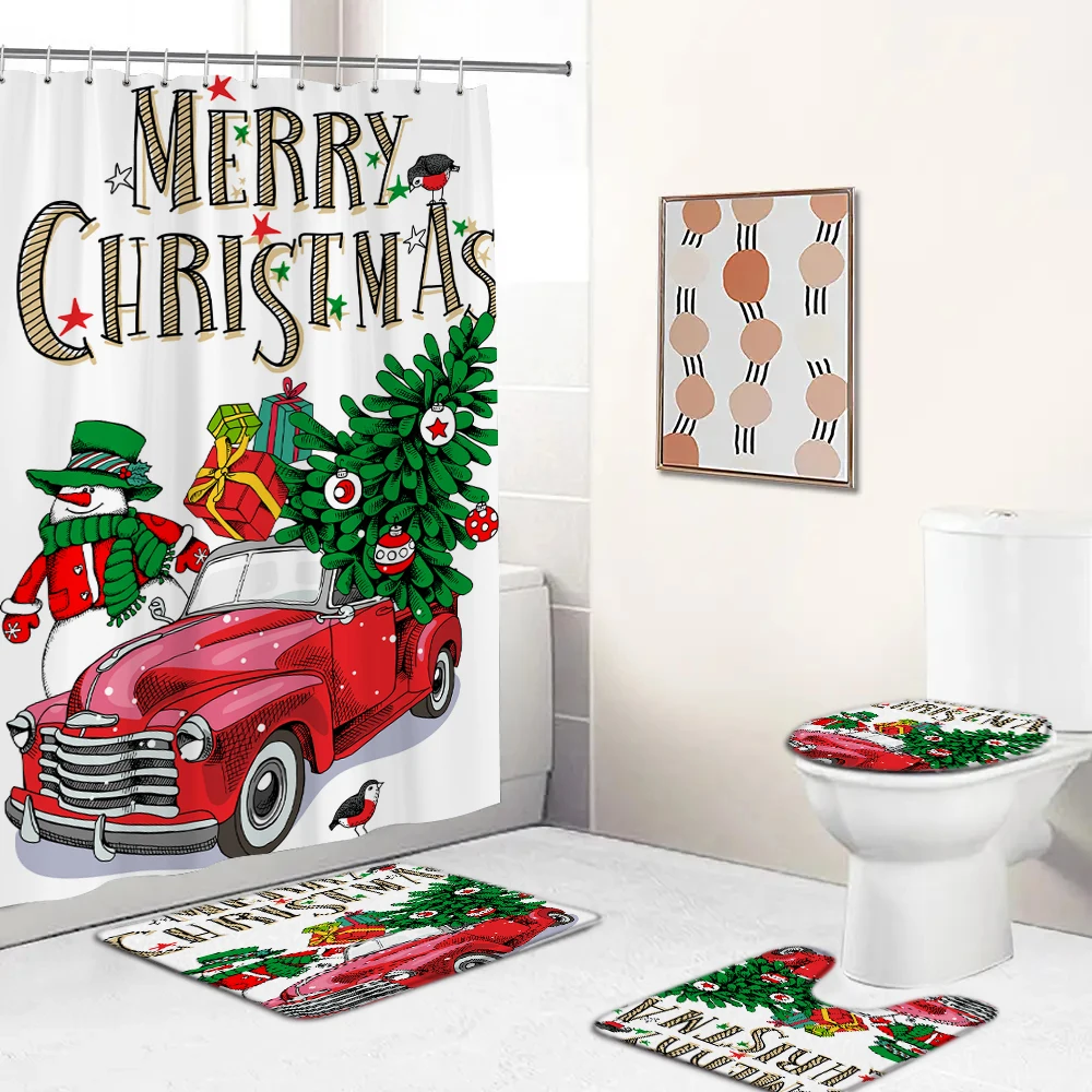 

Happy New Year Cartoon Christmas Shower Curtains Bathroom Curtain Set Snowman Anti Slip Rug Lid Toilet Cover Bath Mat Home Decor