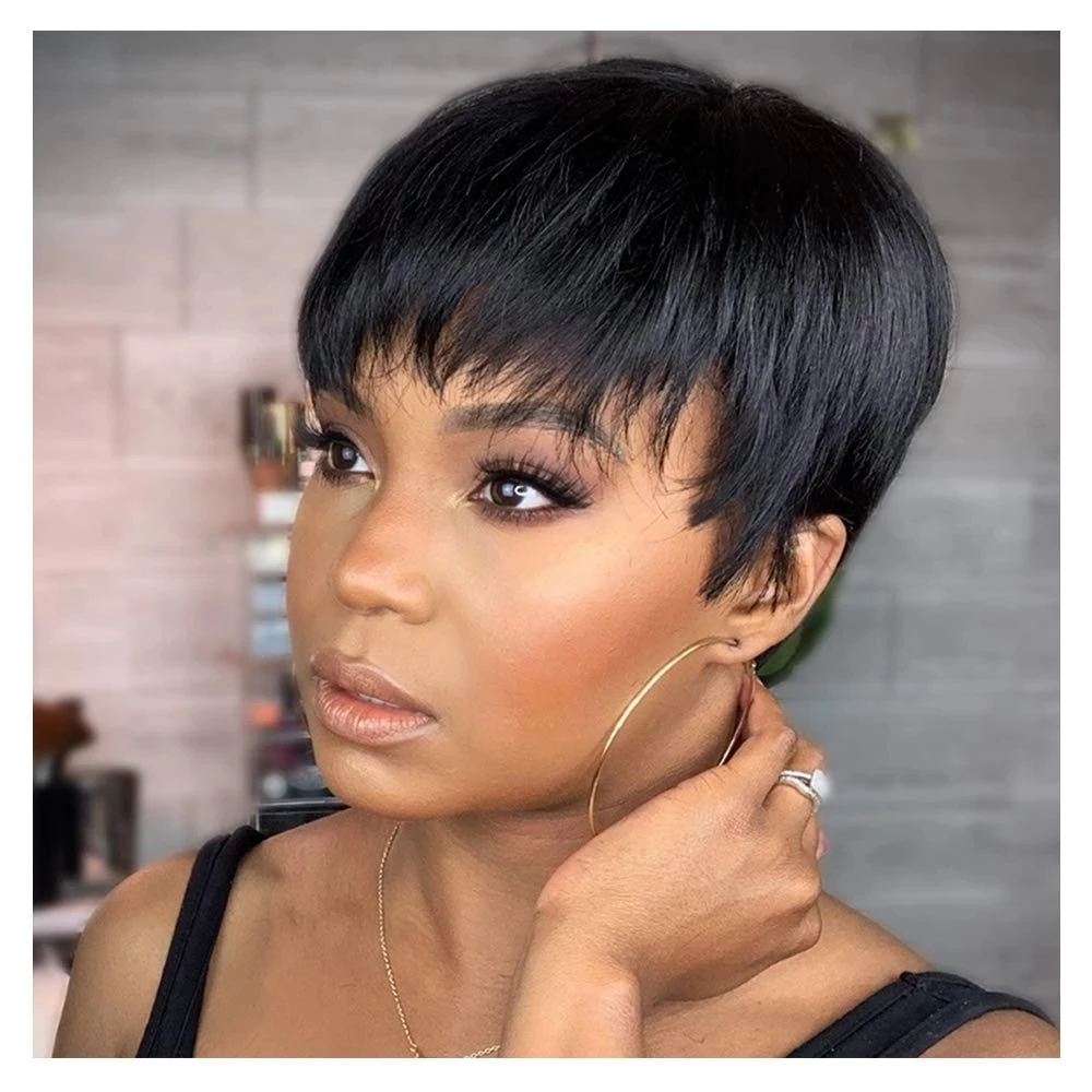 Short Brown Human Hair Pixie Cut Wig for Women