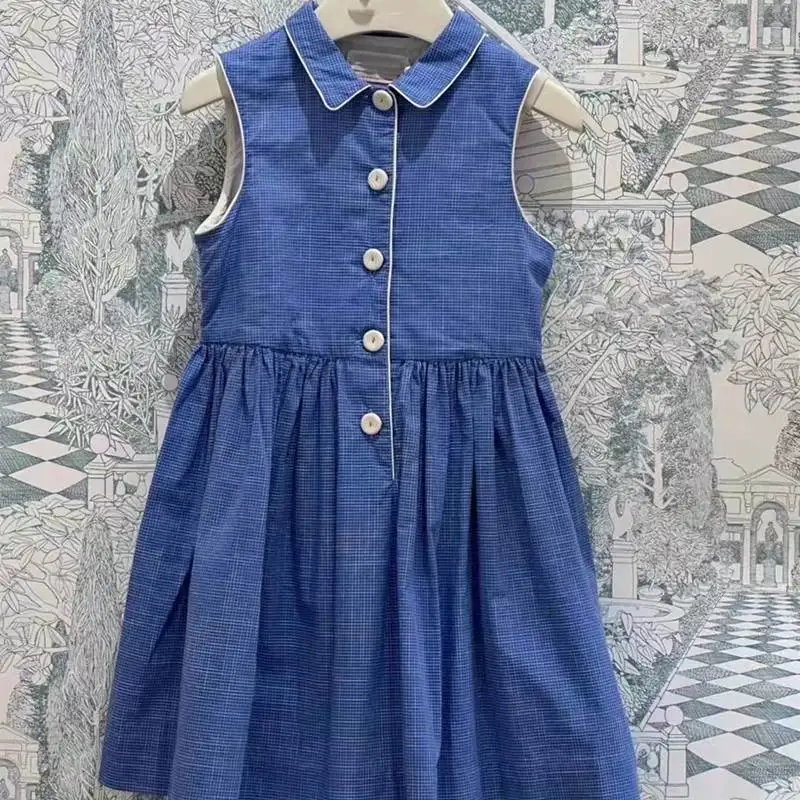 

New Girls Blue Dress Turn-down Collar Summer Sleeveless Cotton Girls Princess Plaid Dress Children Clothing