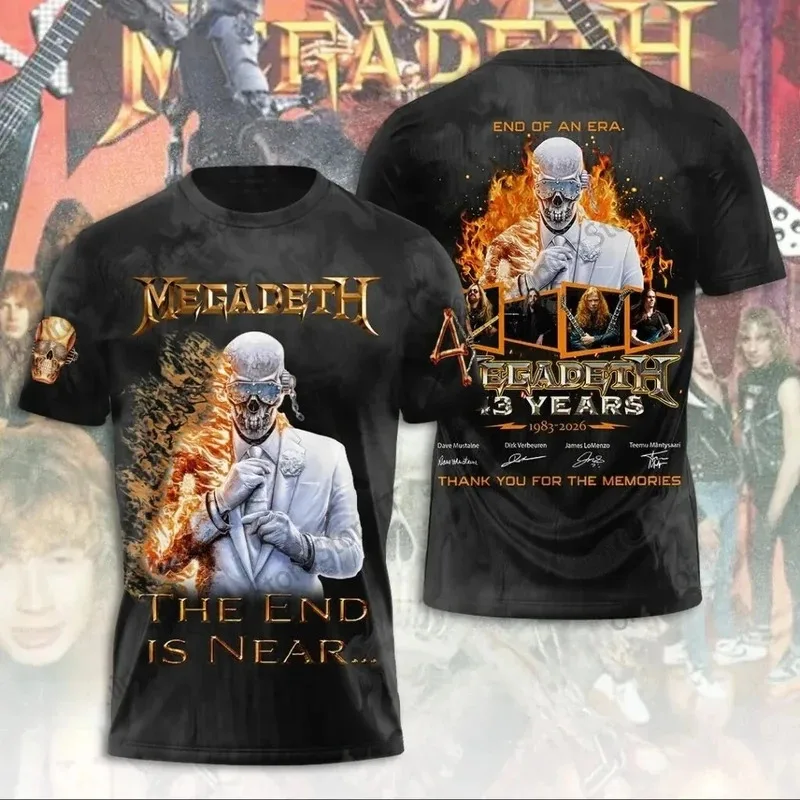 Nova Camiseta 3D Estampada da Banda Rock Megadeth 2026 para Homens e Mulheres, Moda Manga Curta Punk Hip Hop Street Harajuku