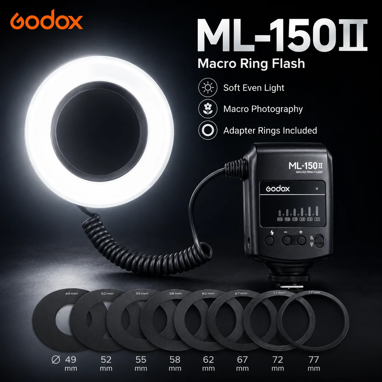 Кольцевая макро-вспышка Godox ML-150II (GN12, 5800K) для камер Canon, Nikon, Pentax, Sony, Olympus DSLR