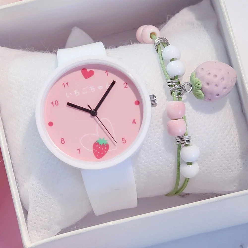 Macaron Strawberry Heart Dial Children's Cute Korean Jelly Silicone Strap Quartz Luminous Girls Boys Clock Watch Birthday Gift