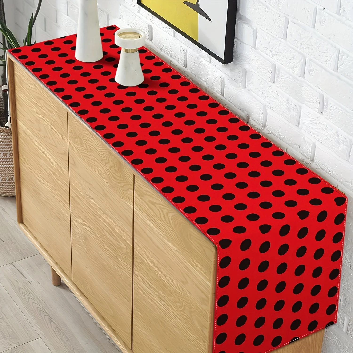 Ladybug Table Runner - Red & Black Polka Dot with Ladybug Motifs Linen Fabric, Decor for Birthday & Ladybug-Themed Parties
