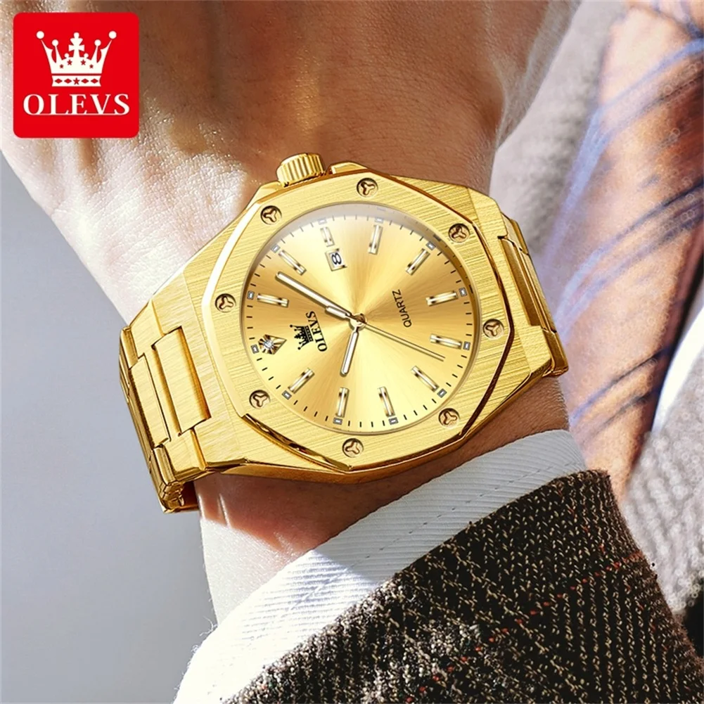 OLEVS Gold Watches for Men Waterproof Mens Gold Watch Calendar Diamond Luxury Casual Wrist Watch gifts