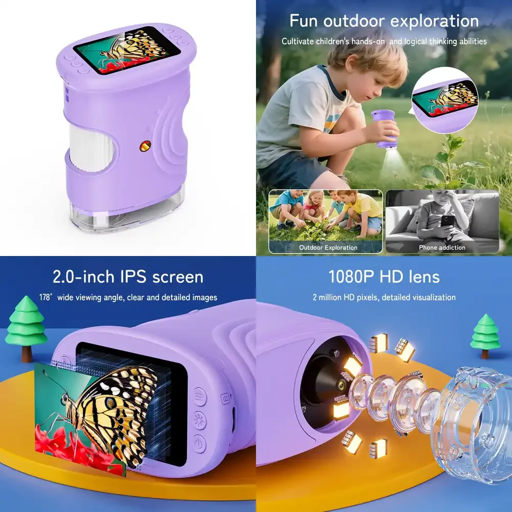 

Цифровой микроскоп-камера Inskam 386 для детей с 1000-кратным увеличением, карманный увеличитель с 2,4-дюймовым экраном и 16-мегапиксельной линзой, портативный микроскоп