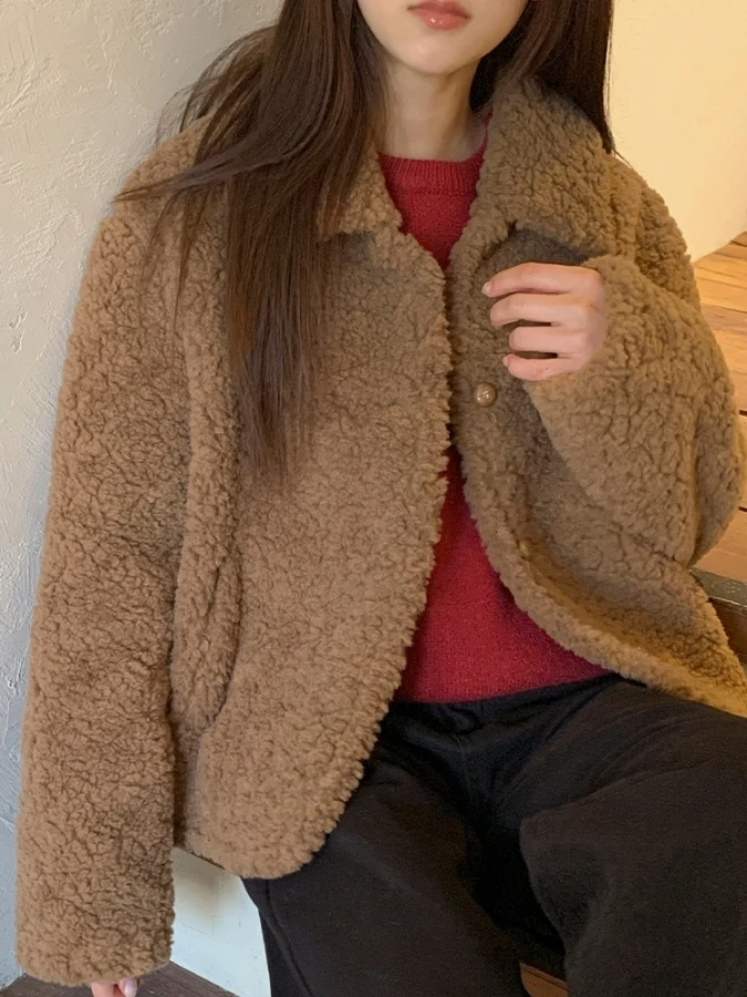 Coreano sle inverno faion anti-envelhecimento lapela único botão pele de cordeiro ort jaet feminino topo fibra de poliéster casual wear