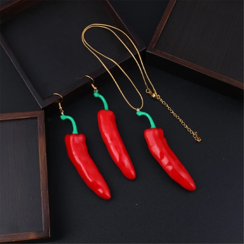 Hot Pepper Pendant Necklace and Earring Inspired Necklace Earrings Set Individualized Ear Hook and Neck Accessory