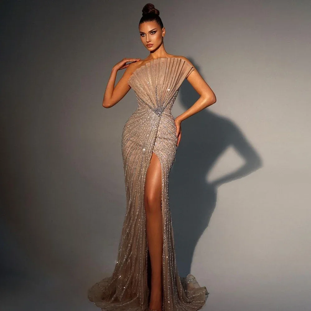 Wasisi Customized Caramel High Split Off Shoulder Mermaid Evening Dresses Beaded Gowns 2025 For Women Wedding Party ELA72049