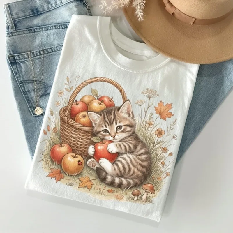 Fall Kitten Apple Basket Graphic T‑Shirt Cute Autumn Cat Maple Leaf Wildflower Mushroom Short Sleeve Casual Tops