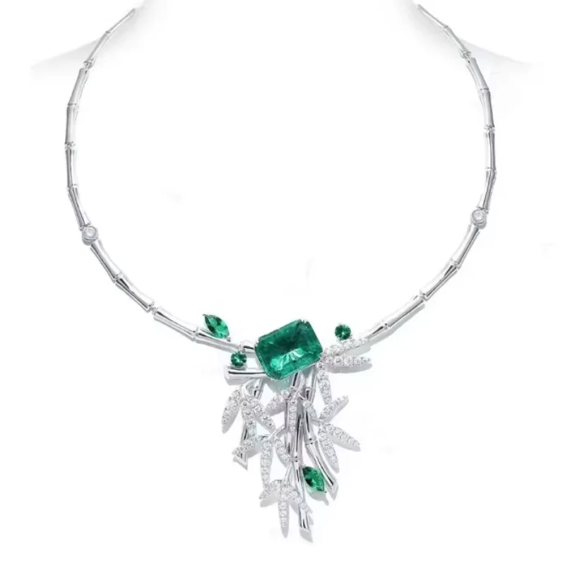 BELLUX Fashion 925 Silver Laboratory Artificial Synthetic Gemstone Emerald Bamboo Leaf Green Necklace Party Fine Jewelry