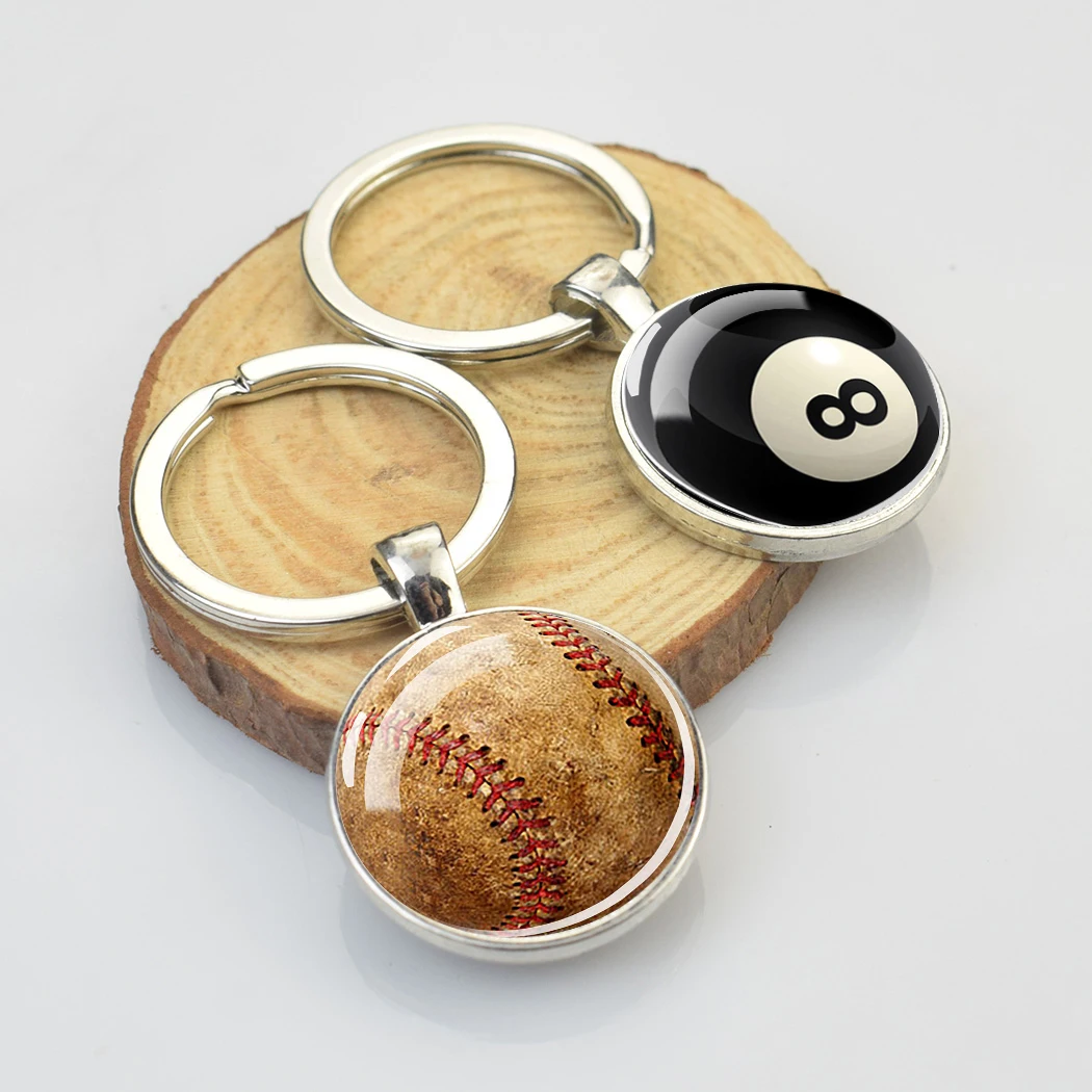 Creative Football Pendant Keychain Double Side Sports Ball Basketball Tennis Golf Volleyball Glass Cabochon Gem Keyrings Pendant