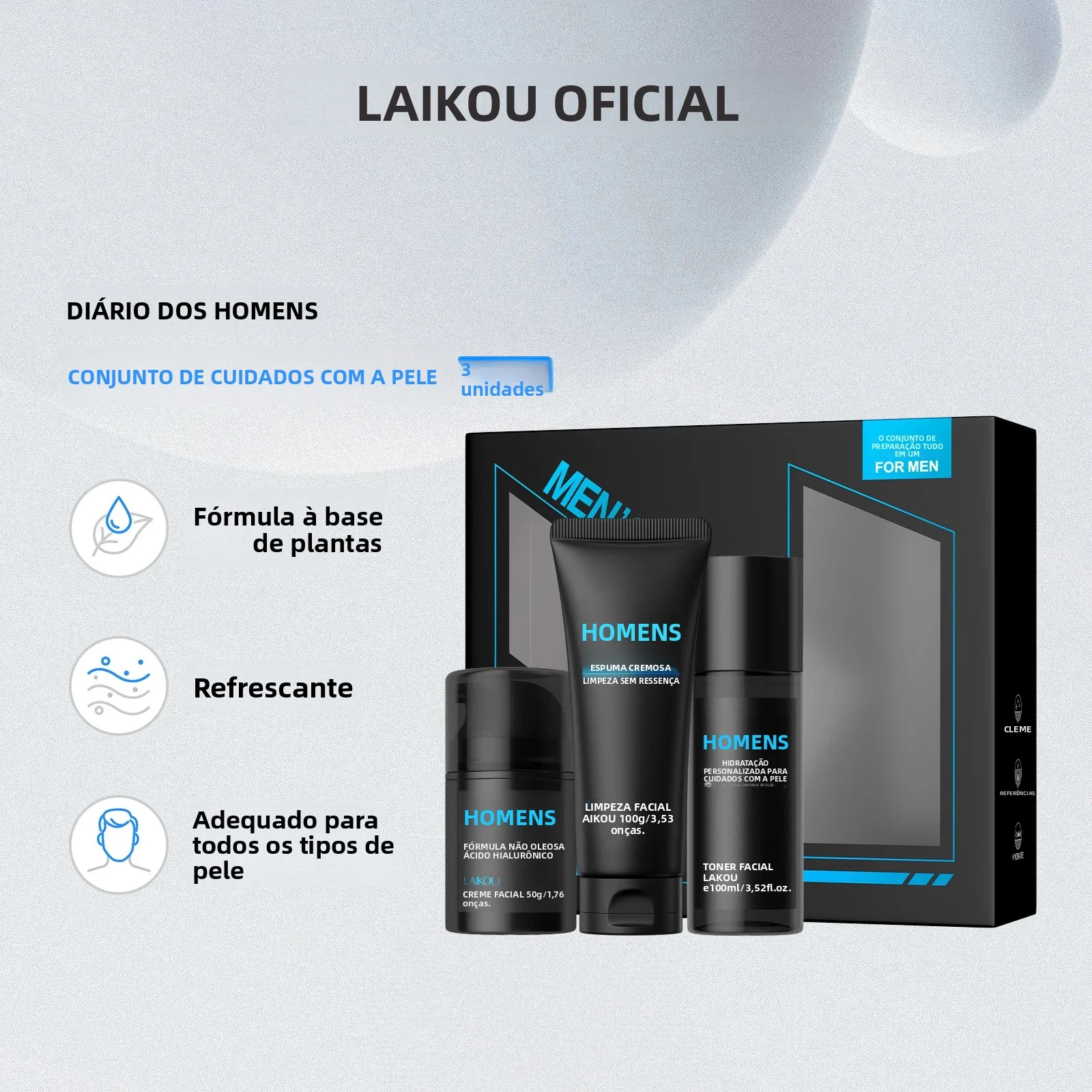 Conjunto de cuidados com a pele 3 em 1 masculino, creme de toner limpador, hidratante, refrescante, controle de óleo, combinação diária de cuidados com a pele para cuidados faciais