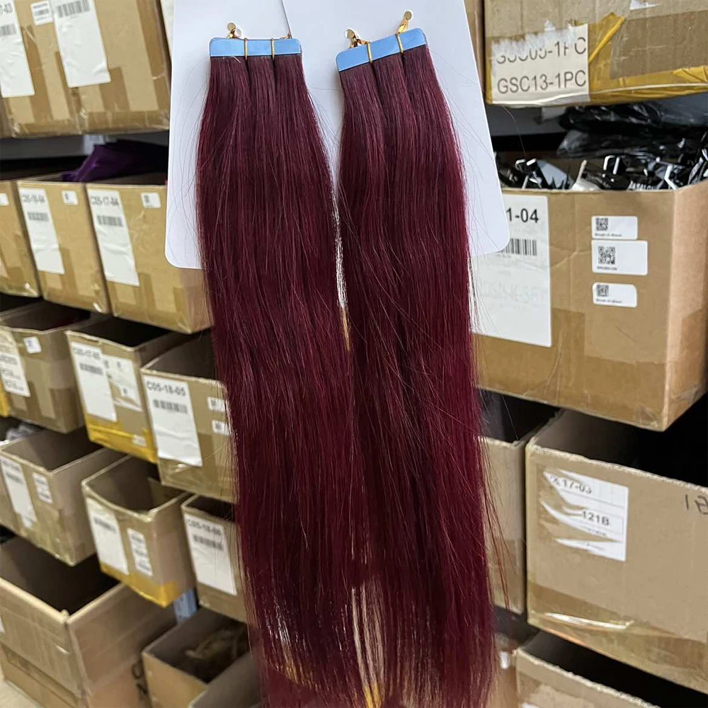 99J# Invisible Tape in Human Hair Extensions 30g/pack Burgundy Real Natural Straight Human Hair for Women