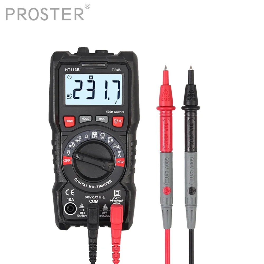 Proster Digital Multimeter 4000Count TRMS Auto Range Multimeter AC/DC Voltage/Current Resistance Diode Continuity 5 Colors Leads