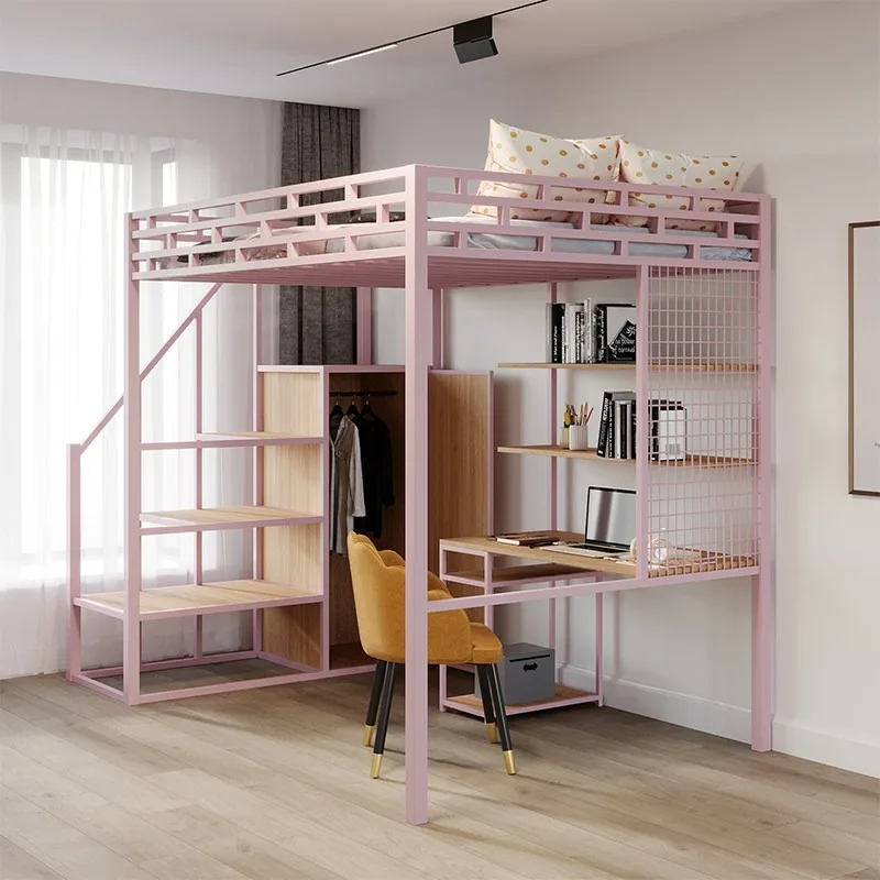 Sábanas altas, mesa inferior superior, cama tipo loft, pequeño apartamento, pabellón, litera multifuncional de hierro forjado, cama con estructura de hierro para dormitorio