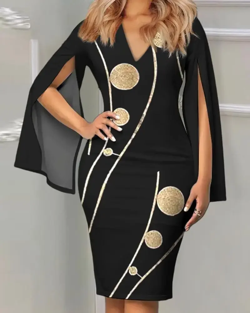 Damenkleid mit V-Ausschnitt, ausgestellten Ärmeln und geometrischem Golddruck, figurbetontes Midikleid, elegantes, schmales Outfit für Teepartys und formelle Anlässe – Detail 8