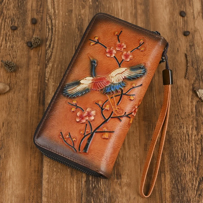 handmade-leather-brush-wallet-women's-vintage-zipper-clutch-bag-top-layer-cowhide-floral-embossed-contrast-color-handbag
