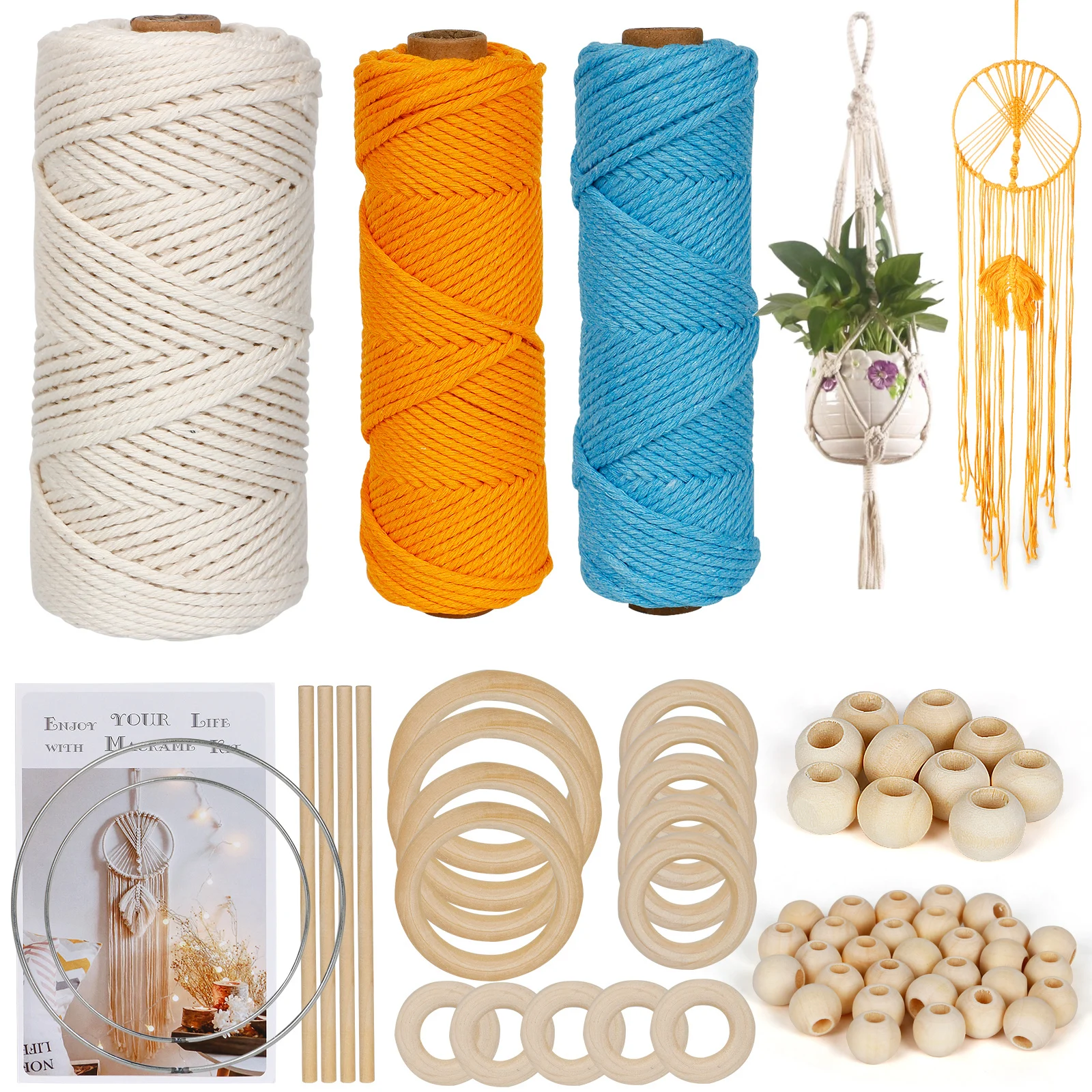 

Cotton Rope DIY Kit Beige 100m Blue 50m Yellow 50m With Wood Ring Wood Stick Accessories Kit Wall Hanging Plant Hanger