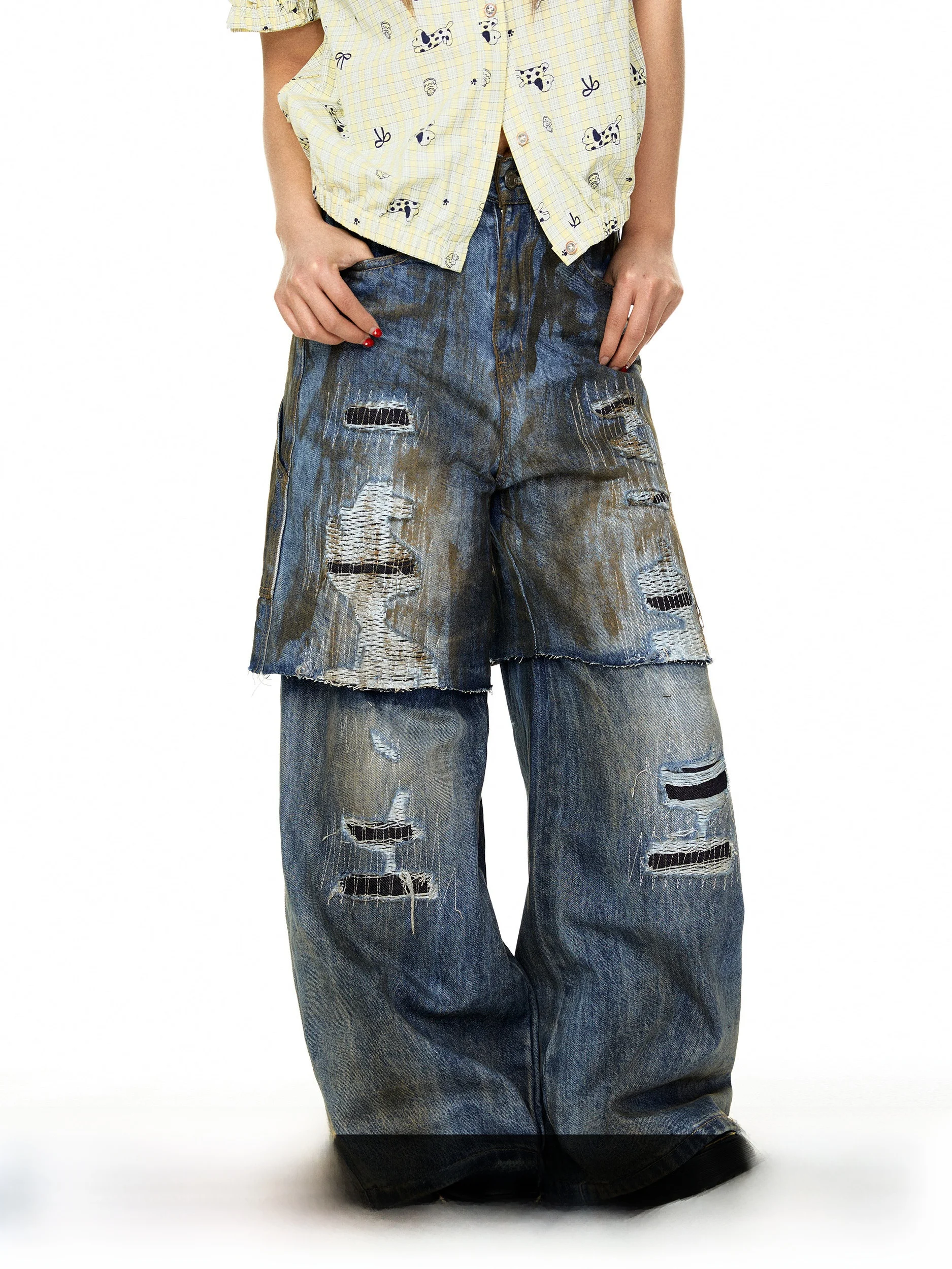 

Blackbb Heavyweight Fake Two-Piece Jeans American Style Wide Leg Distressed Denim Pants Youth Spring Cotton Natural Waist