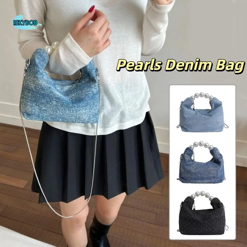 

Trendy Korean Pearls Denim Bag Small Rhinestones Denim Crossbody Bag Casual Square Women's Handbags Party