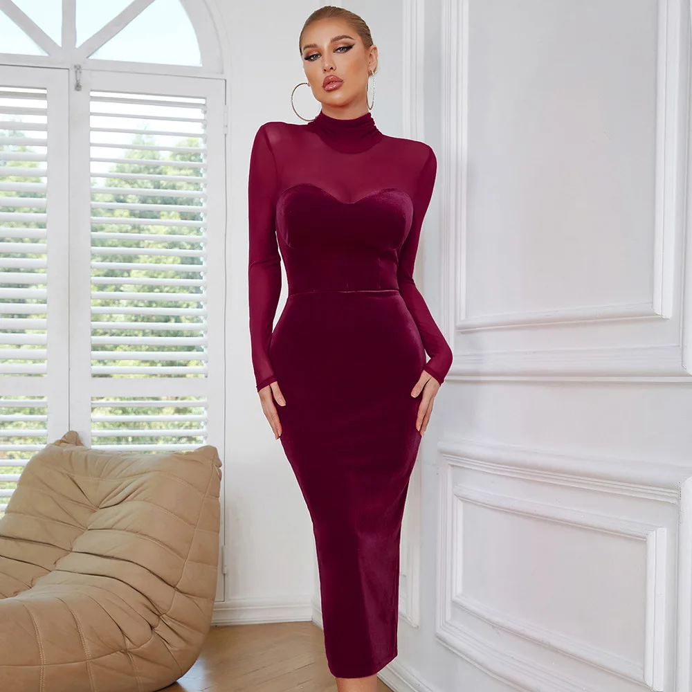 

Summer Sexy Fashion Retro Hollow Velvet Crew Neck Slim Back Split Long Sleeve Dress Party Sexy Temperament Elegant High-end Clot