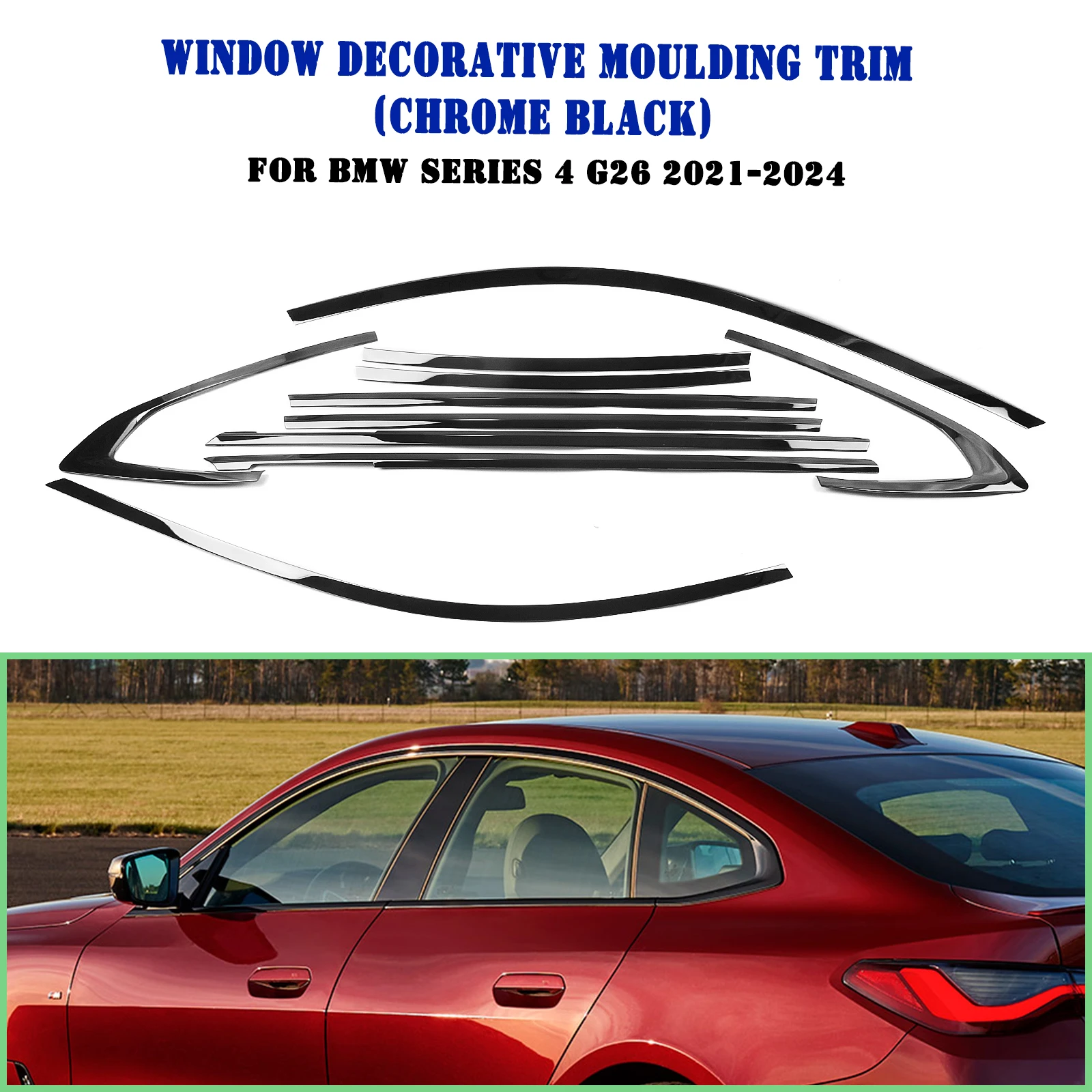 

For BMW 4 Series G26 2021-2024 4 Door Chrome Black Exterior Window Decoration Strip Moulding Trim Seal Weatherstrip Decorative