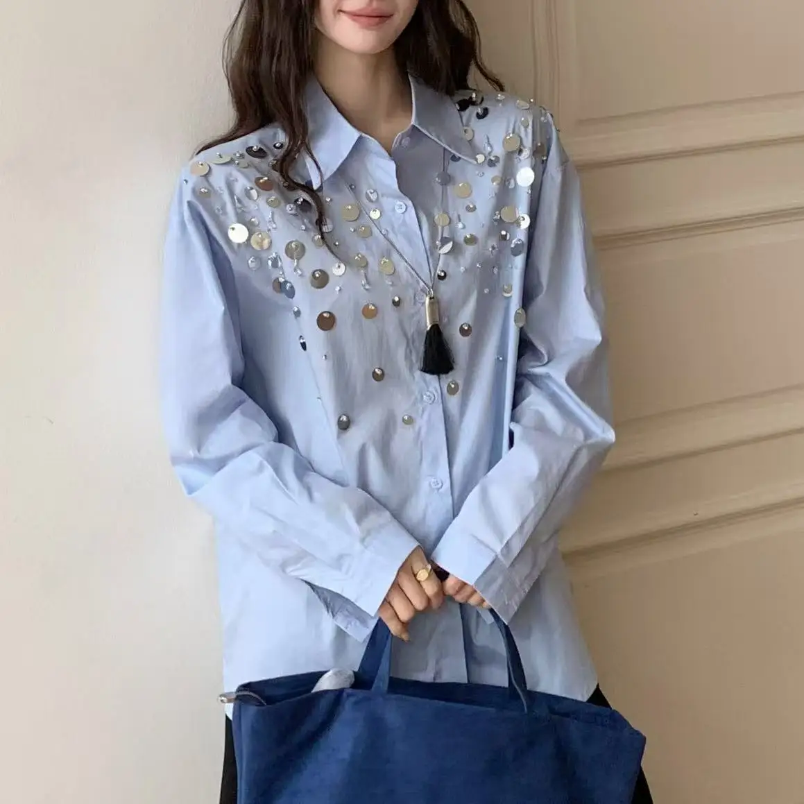 เสื้อผ้าผู้หญิง ดีไซน์หรูหรา ตกแต่งเลื่อม ปักลาย ผ้าฝ้าย แขนยาว สำหรับฤดูใบไม้ผลิและฤดูใบไม้ร่วง