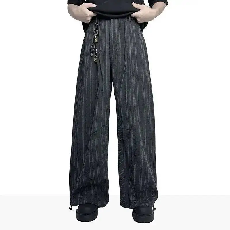American Style Men Suit Trousers Striped Design Contrast Color Drawstring Worn-out Wide Leg Loose Male Pants Autumn 9X05OE