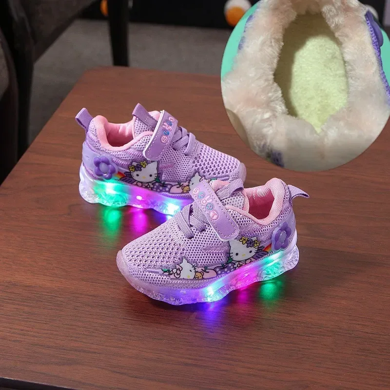 Zapatillas luminosas de Hello Kitty para niños, zapatos deportivos informales con luz LED de dibujos animados, zapatos luminosos de malla tejida para niños