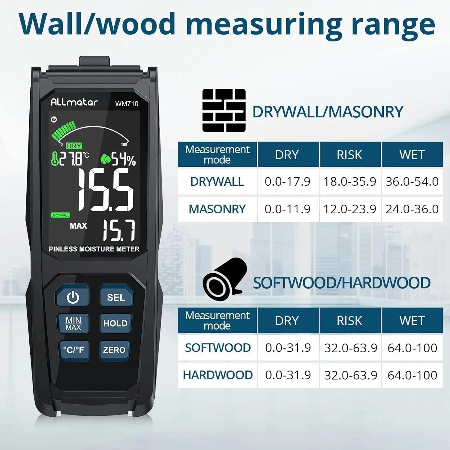 Misuratore di umidità senza pin con grande LCD retroilluminato, allarme a 3 colori, calibrazione zero, sonda di temperatura/umidità, non distruttivo per