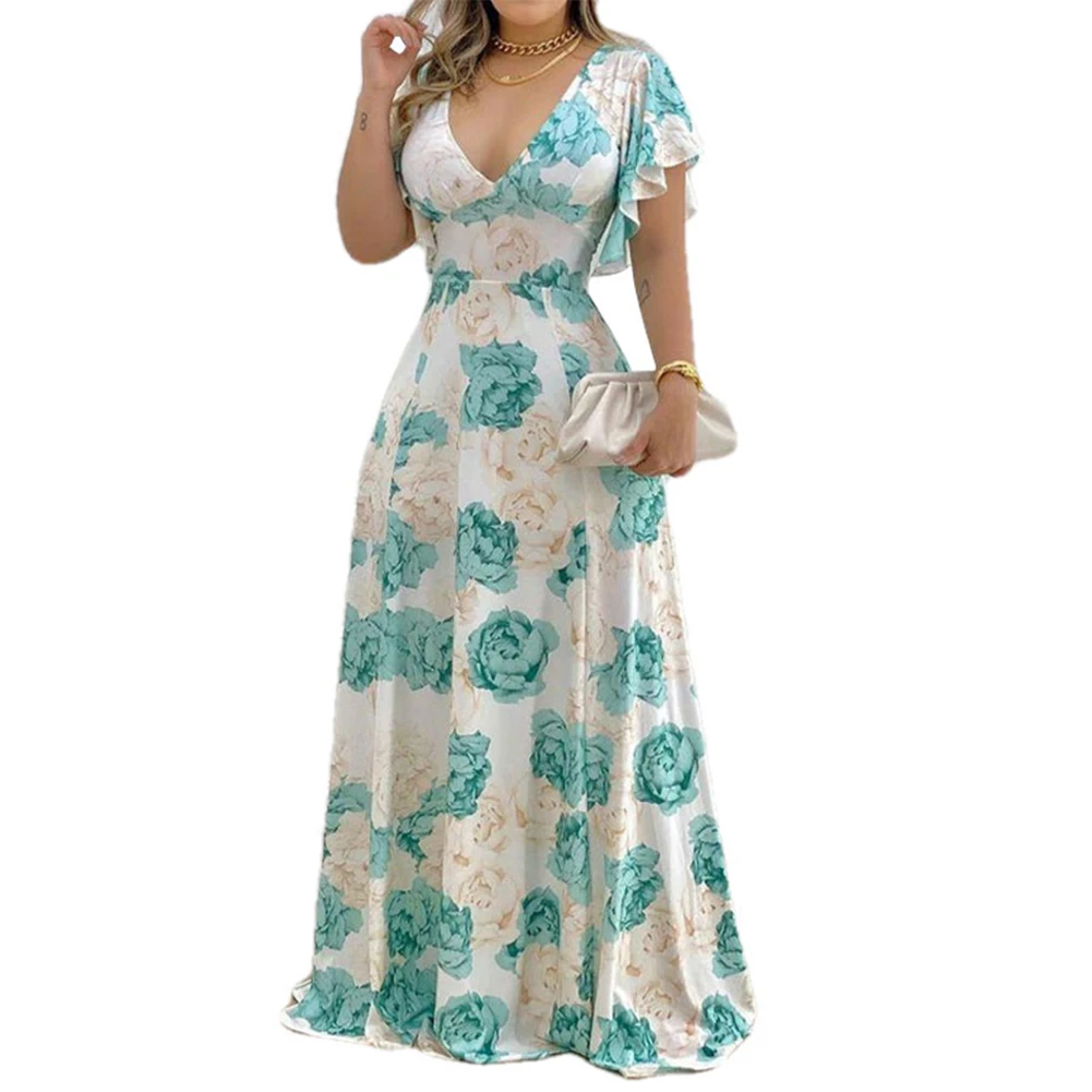 

Women's Long Dress with High Waist Ruffled Sleeves and Blue and White Flower Print Perfect for Casual and Formal Events