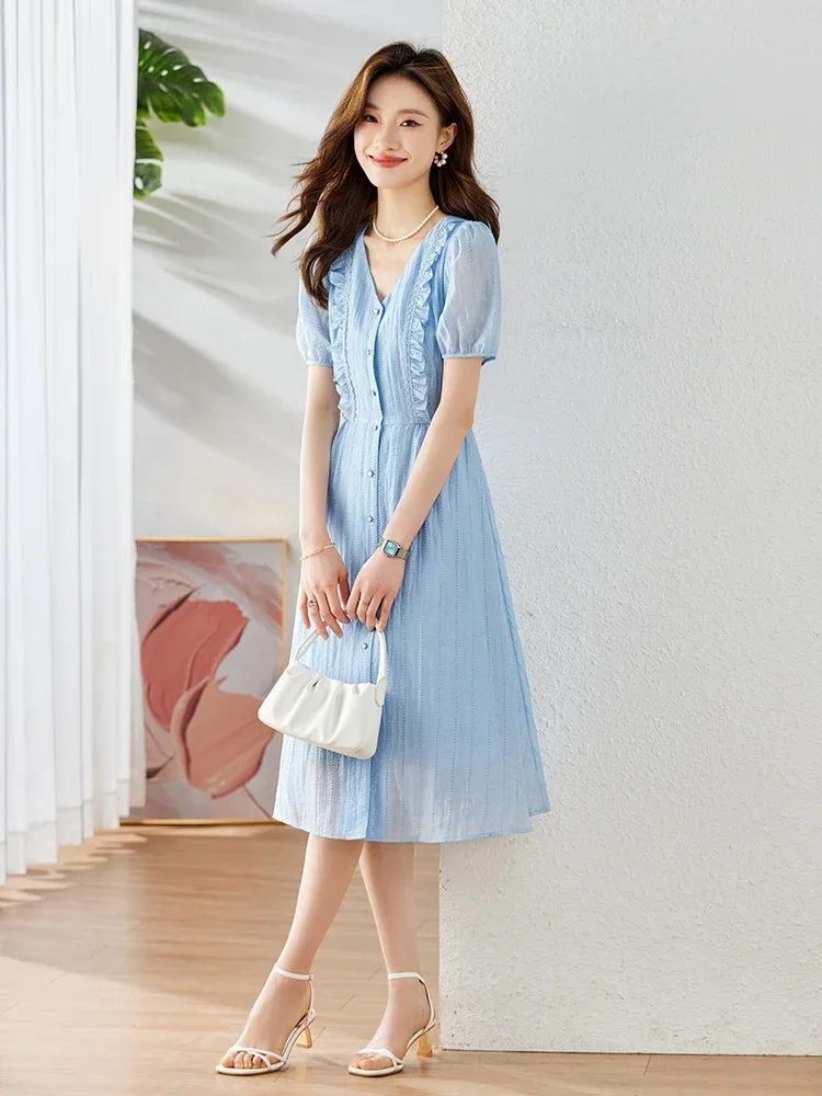 Vimly Vintage V-neck Blue Summer Dress for Women 2023 Lyocell Jacquard Short Sleeve A-line Button Down Elegant Shirt Dress M1362