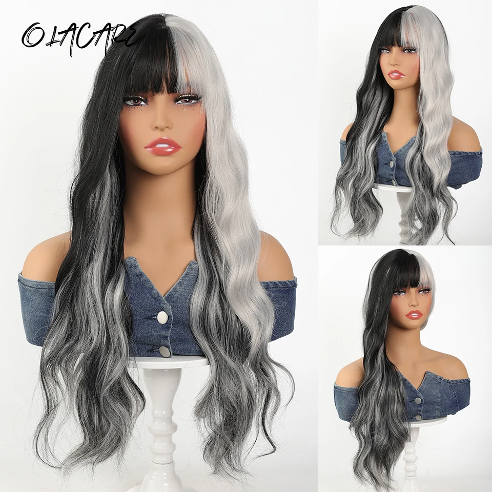 

Long Curly Wavy Synthetic Wigs Black with Grey Highlight Cosplay Wig with Bangs for Women Natural Hair Heat Resistant Fiber