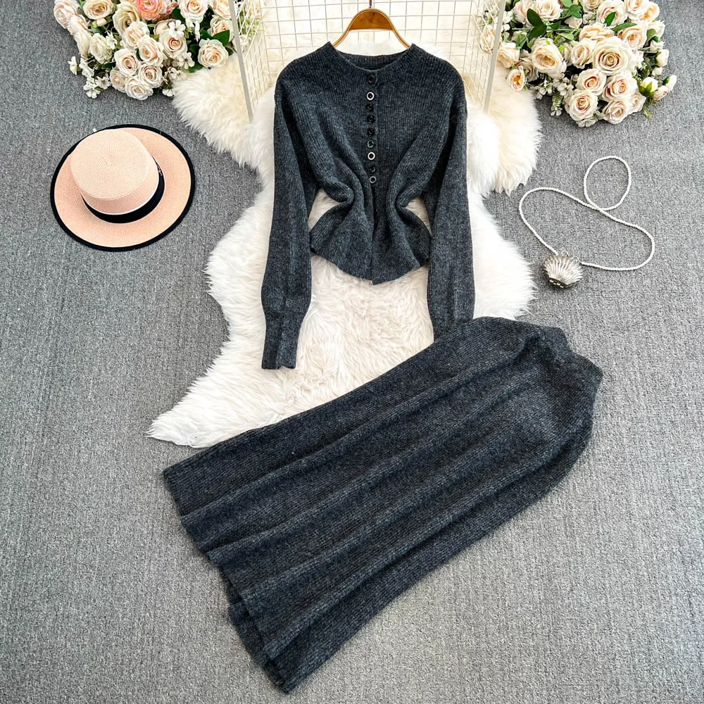 Chic Women Two-Piece Sets O-neck Long Sleeve Single Breasted Sweater and Slim High Waist Skirt Korean Fashion Winter Clothing