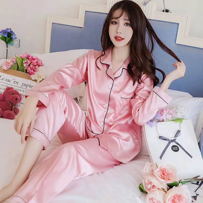 

Ice Silk Pajamas Women Long-sleeved Thin Section Sweet Solid Color Pajamas Two-piece Homewear Suit Female Sleepwear Pijamas