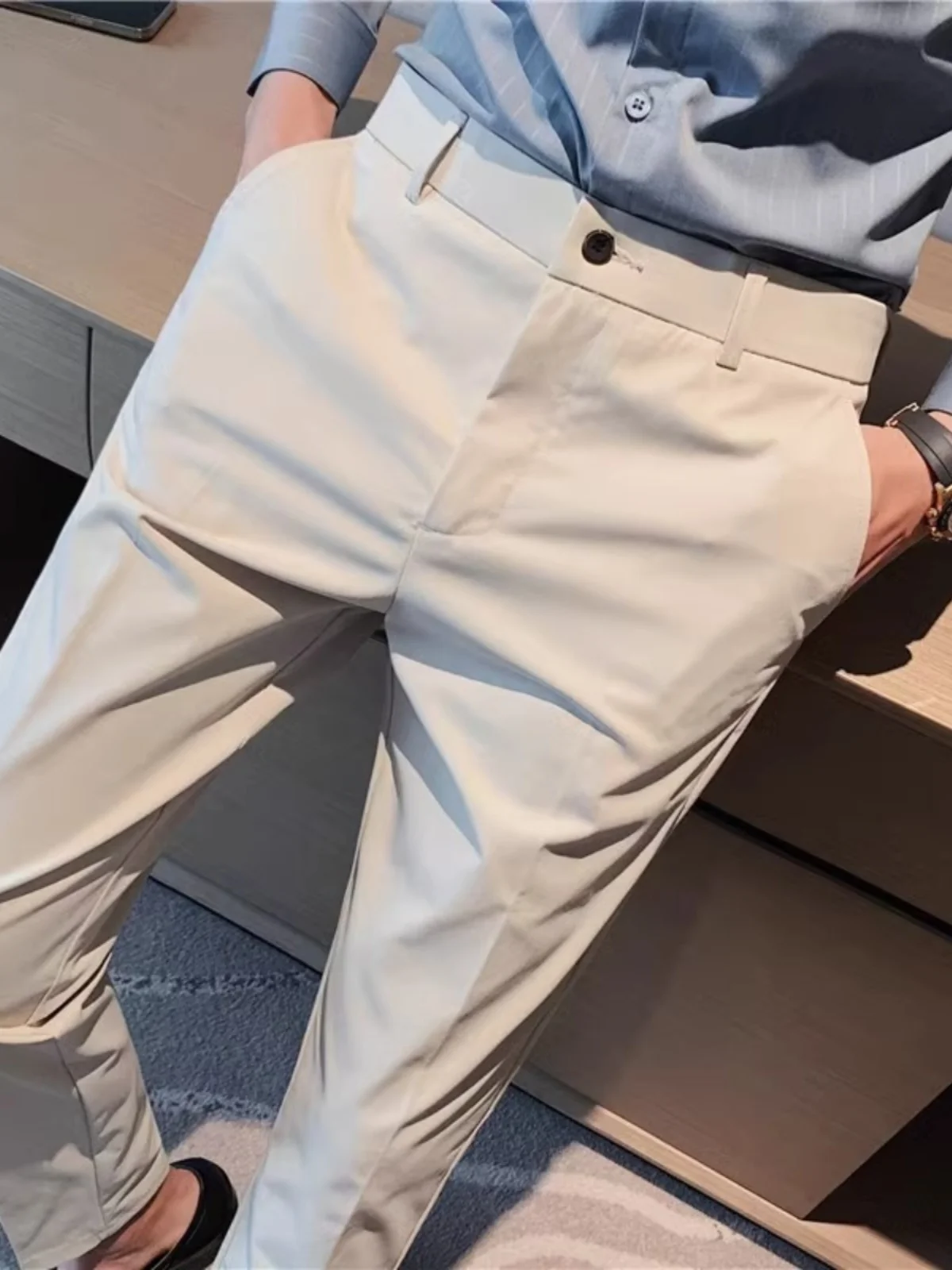 

Business Casual Men's Slim Fit Trousers Pure Color Trendy Spring Autumn Straight Leg Pants Formal Wear British Style