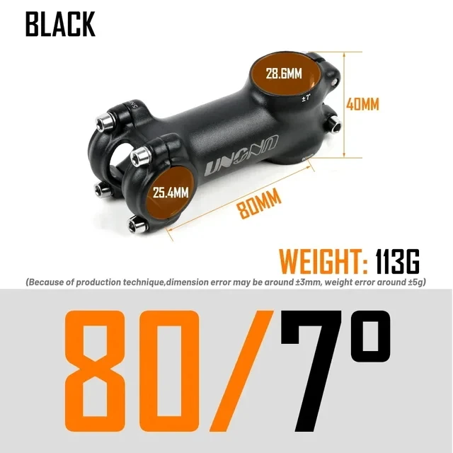 UNO Fahrrad Vorbau Ultraleicht 7/17/35 Grad 28,6x25,4 MM 60-130 MM MTB Road Vorbau Fahrrad für Gabel Berg MTB Fahrrad Kalloy Schwarz Splitter