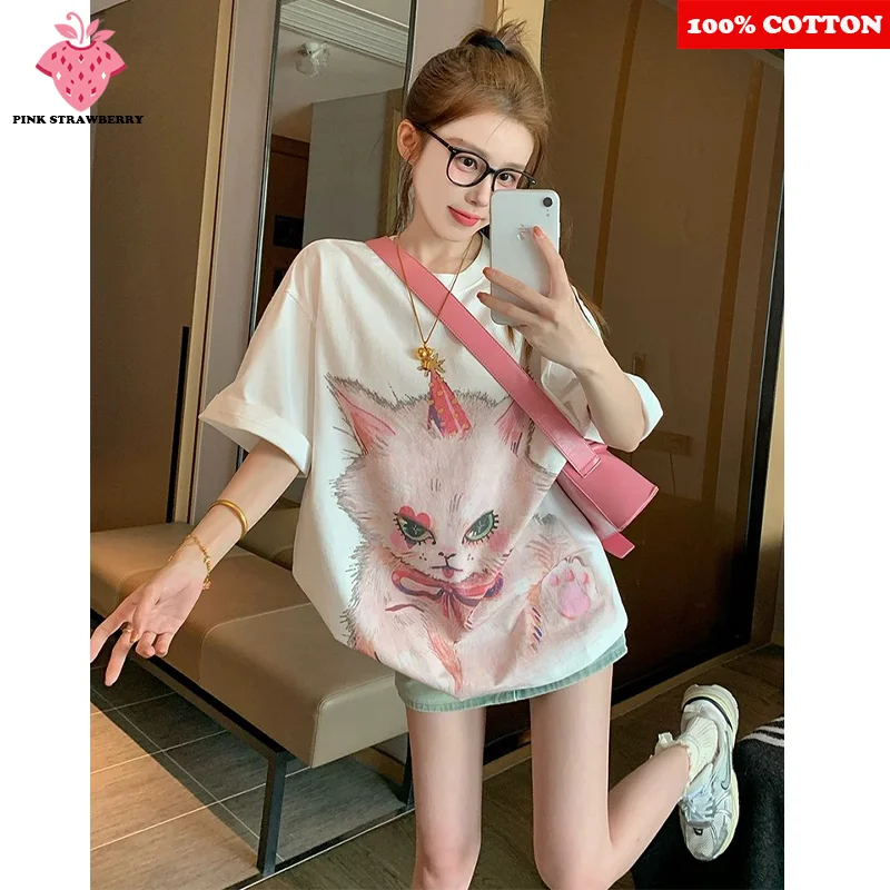 

Beautiful Cat Pattern Print T-shirt Women's Summer 2025 New 100%Cotton Short sleeve Korean style Elegant T-shirt Female Clothing