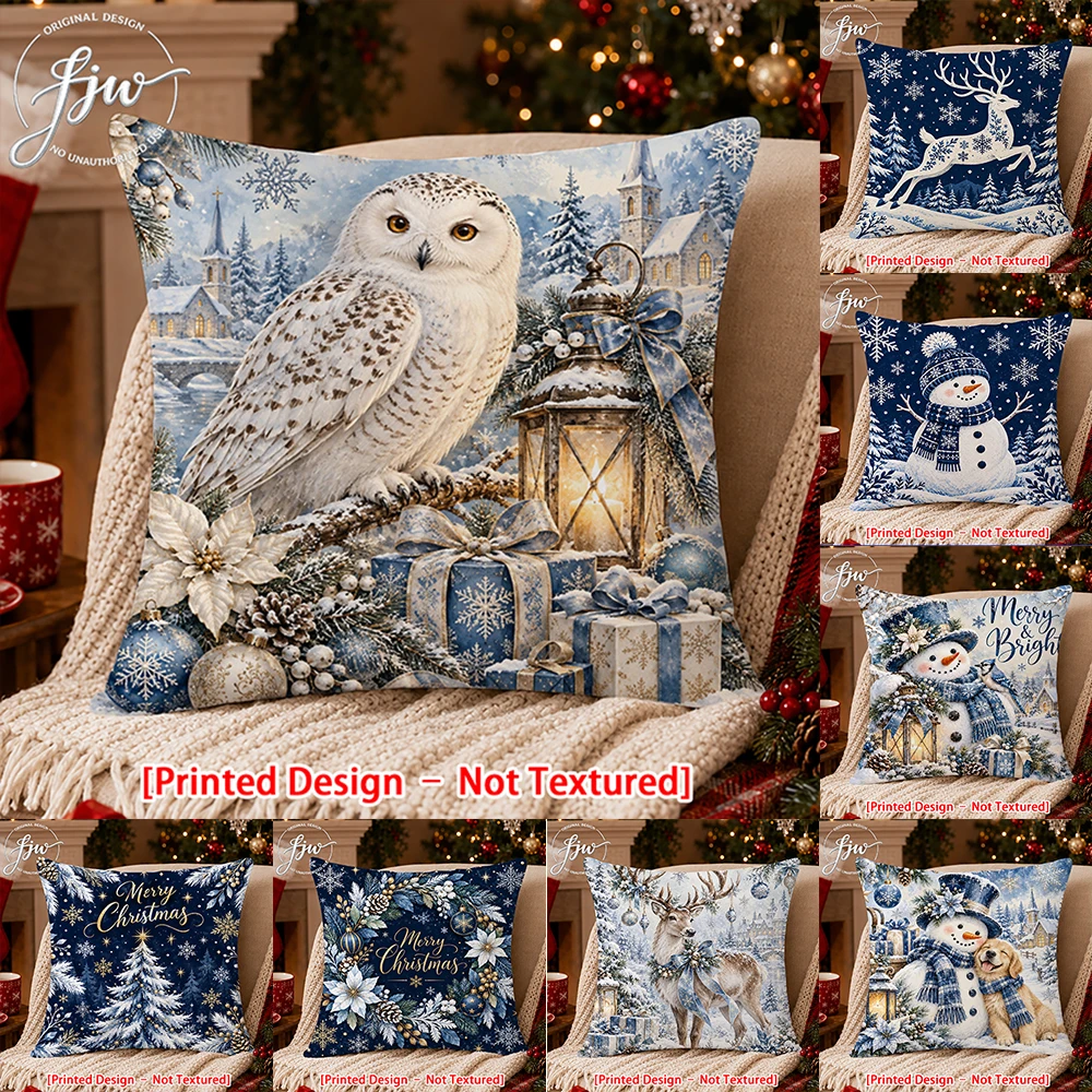 1pc Winter Wonderland Christmas Throw Pillow Covers, Assorted Snowman Owl Reindeer Holiday Cushion Covers for Sofa Couch