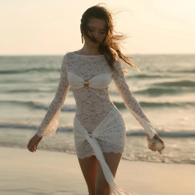 فستان قصير أنيق برقبة دائرية وأكمام طويلة من الدانتيل شفاف للنساء لحفلات الخريف والعطلات على الشاطئ ومظهر مثير للسهرة والتاريخ #1