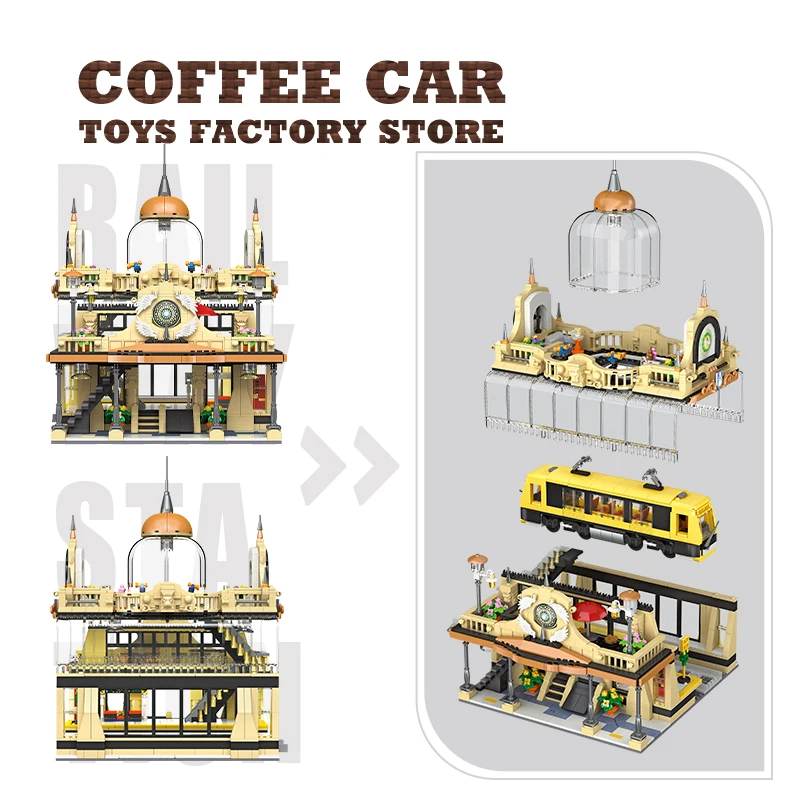 Ensemble de blocs de construction de gare créative, LED, vue sur la rue, maison ferroviaire, briques MOC, jouets pour enfants, cadeaux de noël pour adultes, bricolage