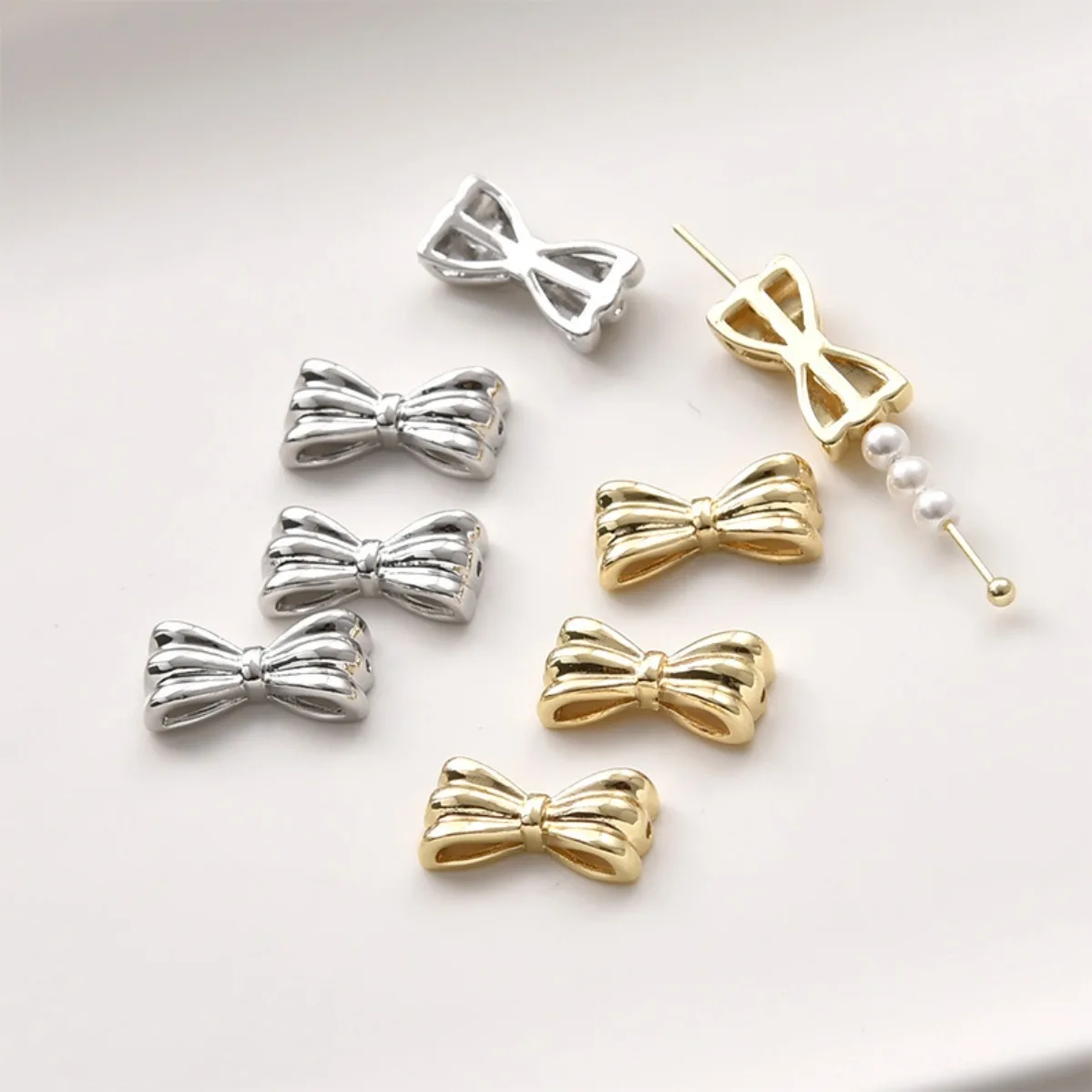 Brass 14K Gold Plated Color Retentive Through‑Hole Bow Spacer Pendant DIY Bracelet Necklace Earring Jewelry Making Supplies