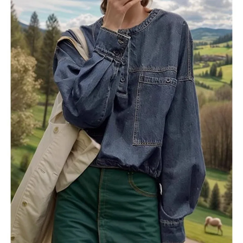 Women's Spring Autumn Tops Coat Denim Round Neck Shirt Long Sleeve Vintage Casual Designed Advanced Soft Niche Versatile Skinny