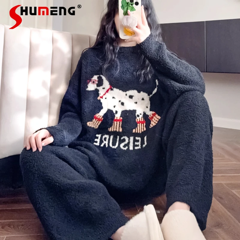 

Cute Autumn Winter Soft Fluffy Pajamas Women Fleece Lined Thickened Casual Sleep Set Female Warm Round Neck Homewear Suits